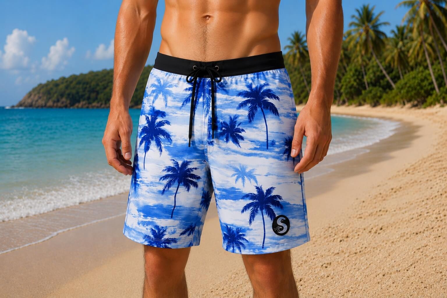 SIC SURF 4 Way Stretch Boardshorts — Tidal Blue Palms